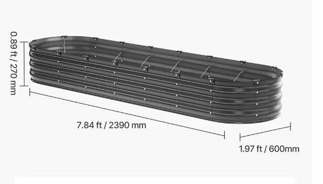 Verhoogde Metalen Tuinbak – Gegalvaniseerde Ovale Plantenbak met Open Bodem & Versteviging, 240×60×56 cm