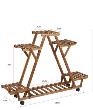 Houten Plantenstandaard met 6 Niveaus en Wielen – Gecarboniseerd Grenenhout, 91×25×81 cm, Voor Binnen & Buiten