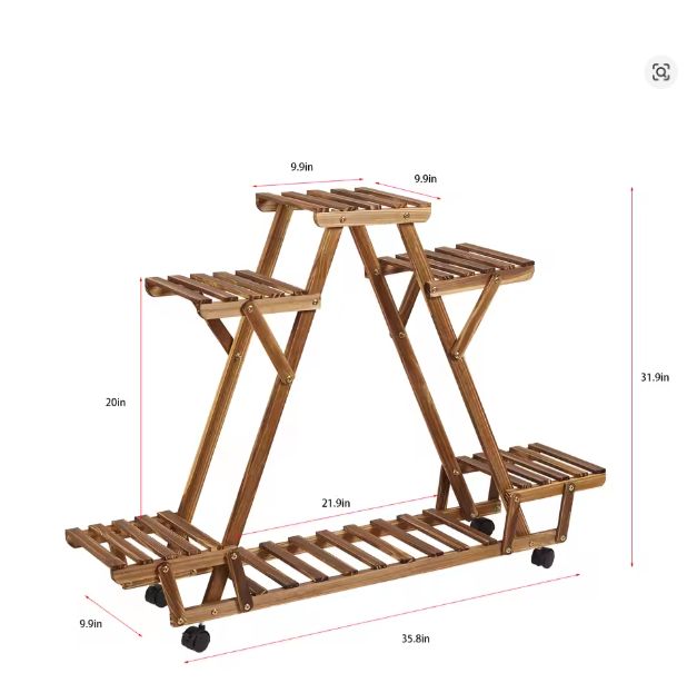 Houten Plantenstandaard met 6 Niveaus en Wielen – Gecarboniseerd Grenenhout, 91×25×81 cm, Voor Binnen & Buiten