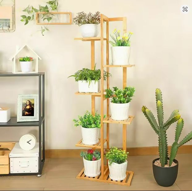 Bamboe Plantenstandaard met 5 of 6 Lagen – Meerlaagse Bloemenplank voor Binnen & Buiten, Natuurlijk Hout