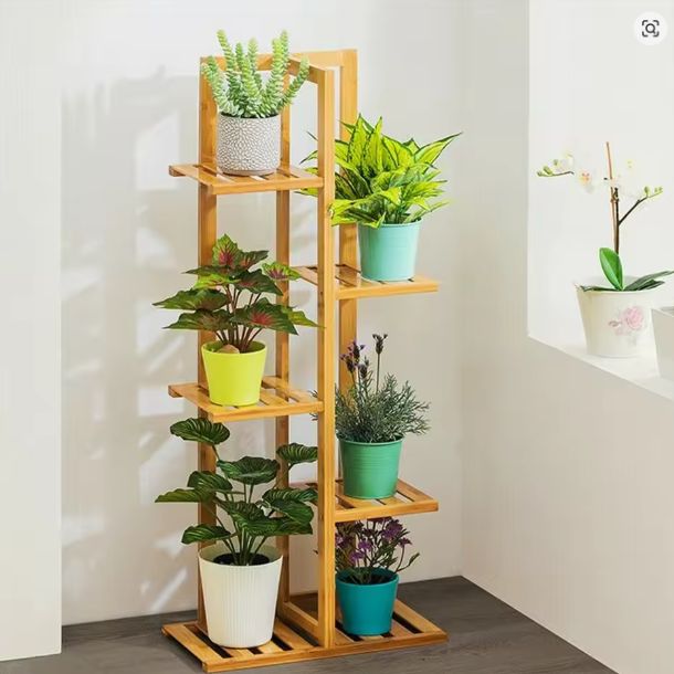 Bamboe Plantenstandaard met 5 of 6 Lagen – Meerlaagse Bloemenplank voor Binnen & Buiten, Natuurlijk Hout