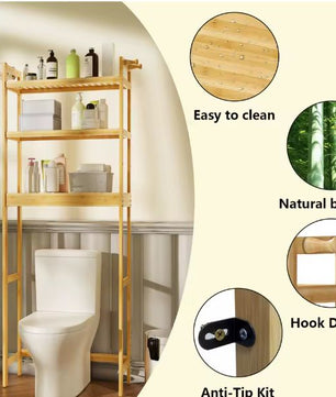 Bamboe Badkamer Opbergrek voor Toilet – 3-Laags Verstelbare Planken met Haken, Ruimtebesparend en Duurzaam