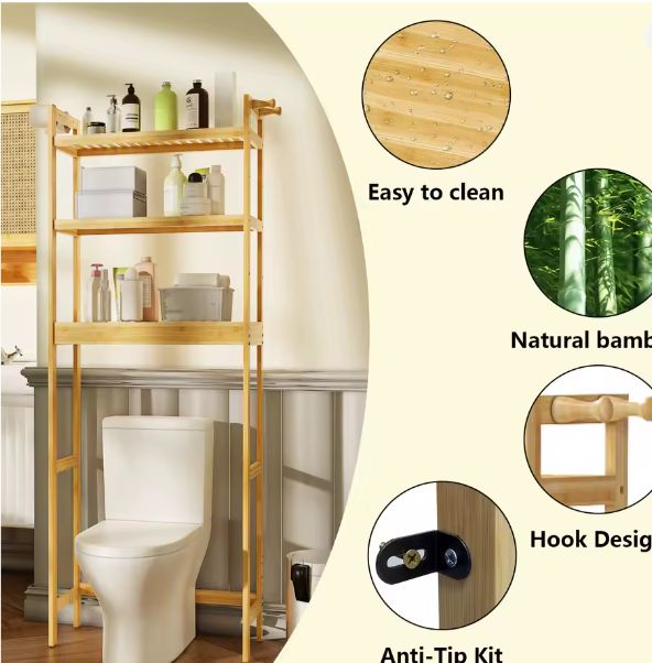 Bamboe Badkamer Opbergrek voor Toilet – 3-Laags Verstelbare Planken met Haken, Ruimtebesparend en Duurzaam
