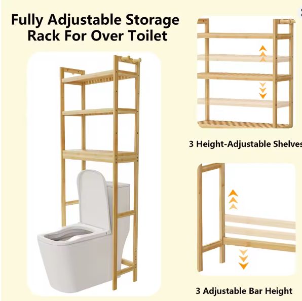 Bamboe Badkamer Opbergrek voor Toilet – 3-Laags Verstelbare Planken met Haken, Ruimtebesparend en Duurzaam