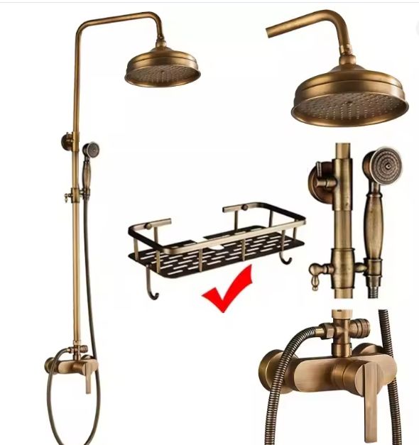 Antiek Messing Douchekraan Set met Handdouche en Wandplanken