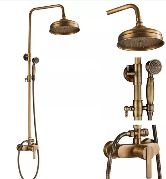 Antiek Messing Douchekraan Set met Handdouche en Wandplanken