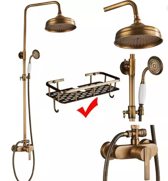 Antiek Messing Douchekraan Set met Handdouche en Wandplanken