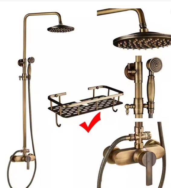 Antiek Messing Douchekraan Set met Handdouche en Wandplanken