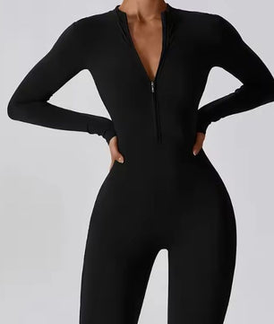 Dames Sport Jumpsuit met Rits en Lange Mouwen – Stretch Fitness Catsuit voor Yoga en Training