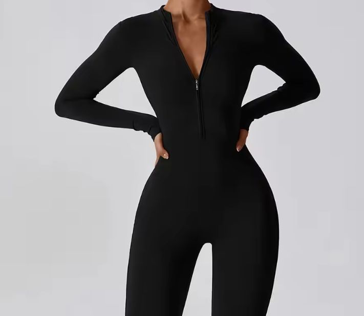 Dames Sport Jumpsuit met Rits en Lange Mouwen – Stretch Fitness Catsuit voor Yoga en Training