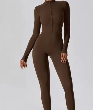 Dames Sport Jumpsuit met Rits en Lange Mouwen – Stretch Fitness Catsuit voor Yoga en Training