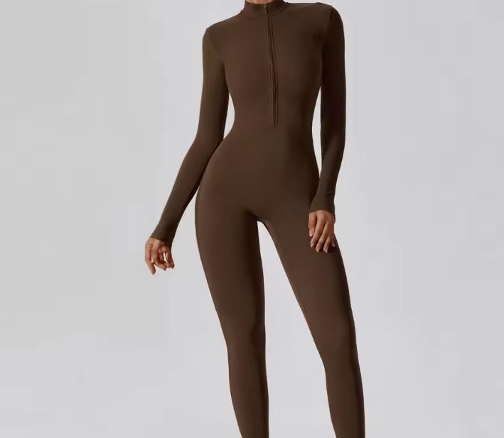 Dames Sport Jumpsuit met Rits en Lange Mouwen – Stretch Fitness Catsuit voor Yoga en Training
