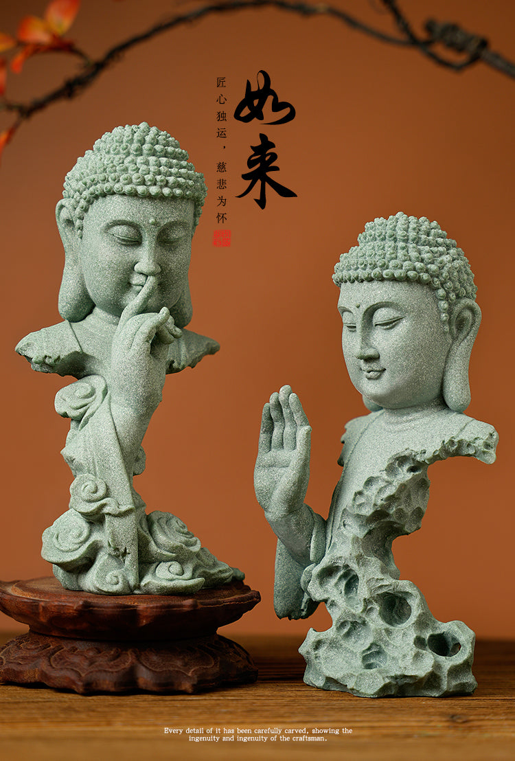 Boeddhistisch Zen Standbeeld – Groene Zandsteen Desktop Decoratie voor Interieur