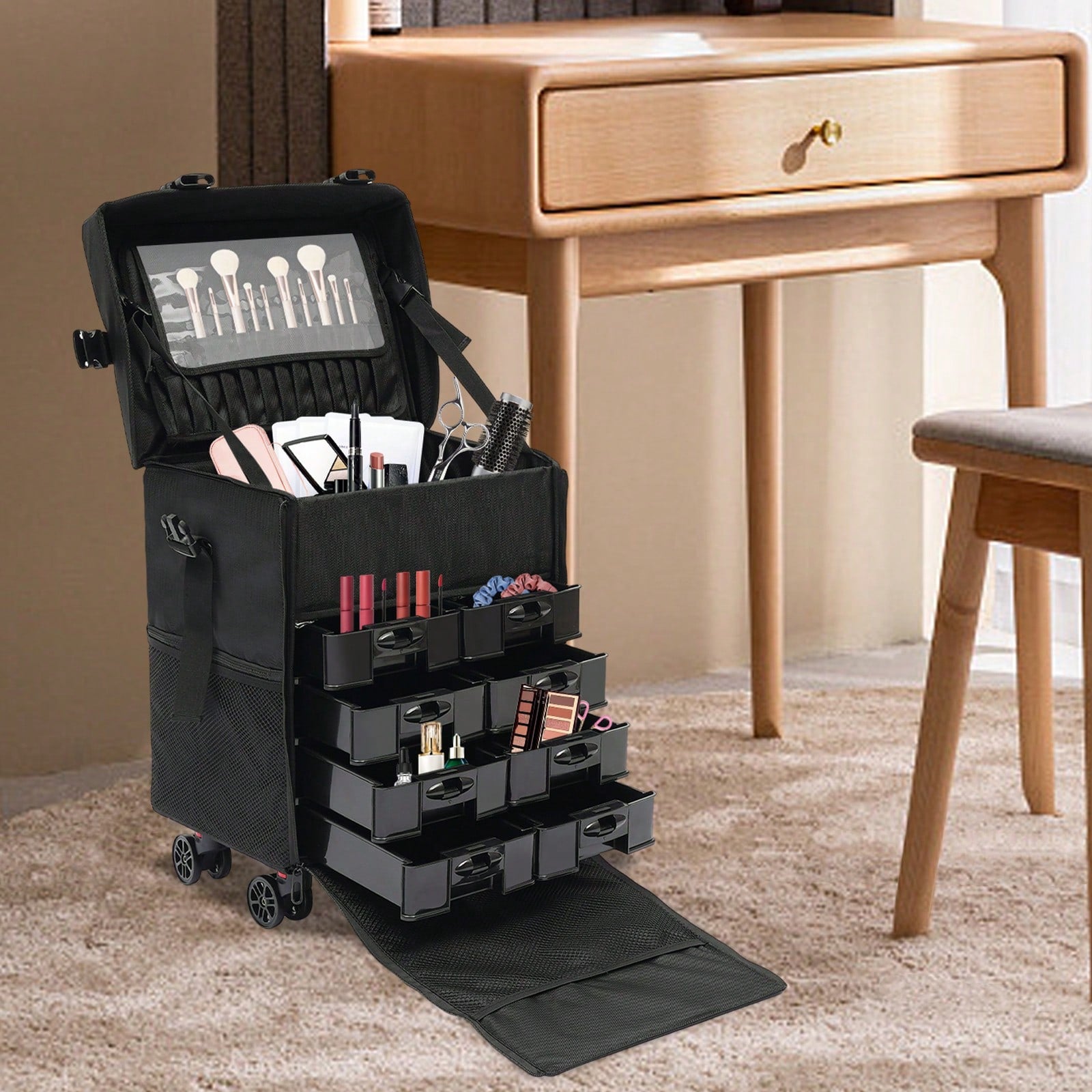 Professionele Rollende Make-upkoffer met 8 Verwijderbare Lades en 360° Wielen – Meerlaagse Cosmetische Trolley