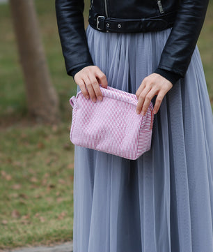 Seersucker Make-up Tas met Ruches – Gestreepte Cosmetische Reistas met Rits