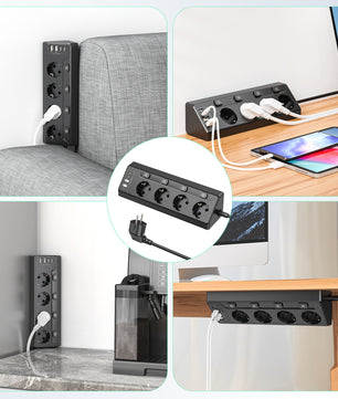 Hoek Stekkerdoos met 4 Stopcontacten en USB-A &amp; USB-C – 2 m Verlengsnoer met Schakelaars voor Thuis en Kantoor