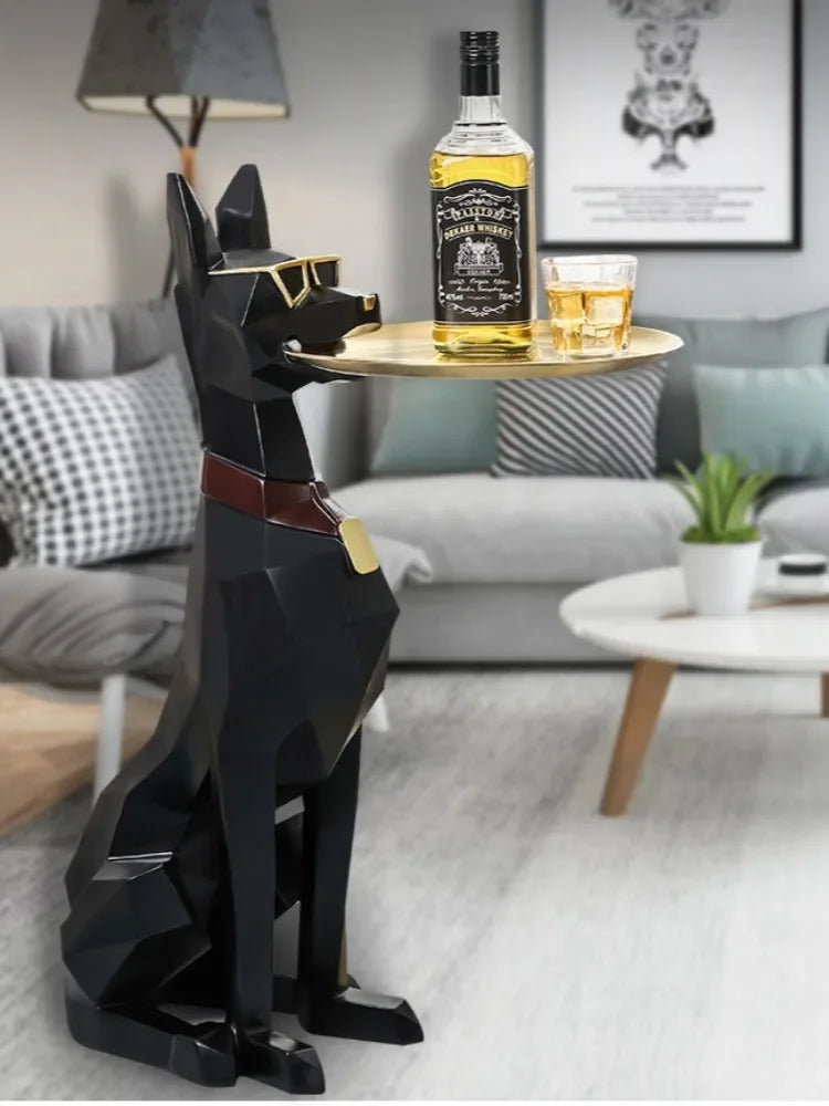Doberman Hond Standbeeld Bijzettafel – Hars Sculptuur met Lade voor Interieurdecoratie