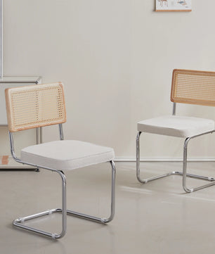 Set van 2 Retro Eetkamerstoelen – Rotan Look – Comfortabele Fluwelen Zitting – Stevig Metalen Frame – Boog Rugleuning – Natuurlijke Kleur