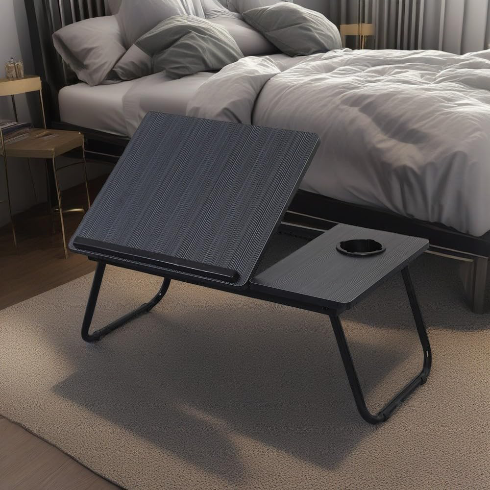 Verstelbaar Opklapbaar Laptopbureau met Bekerhouder voor Bed en Bank – Draagbare Multifunctionele Bedtafel voor Werken en Studeren