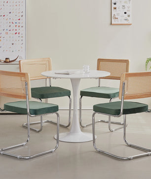 Set van 2 Retro Eetkamerstoelen – Rotan Look – Comfortabele Fluwelen Zitting – Stevig Metalen Frame – Boog Rugleuning – Natuurlijke Kleur