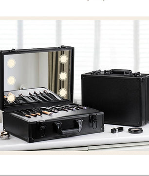 Make-up Reiskoffer met LED Spiegel – Waterdichte Organizer met Verstelbare Verdelers