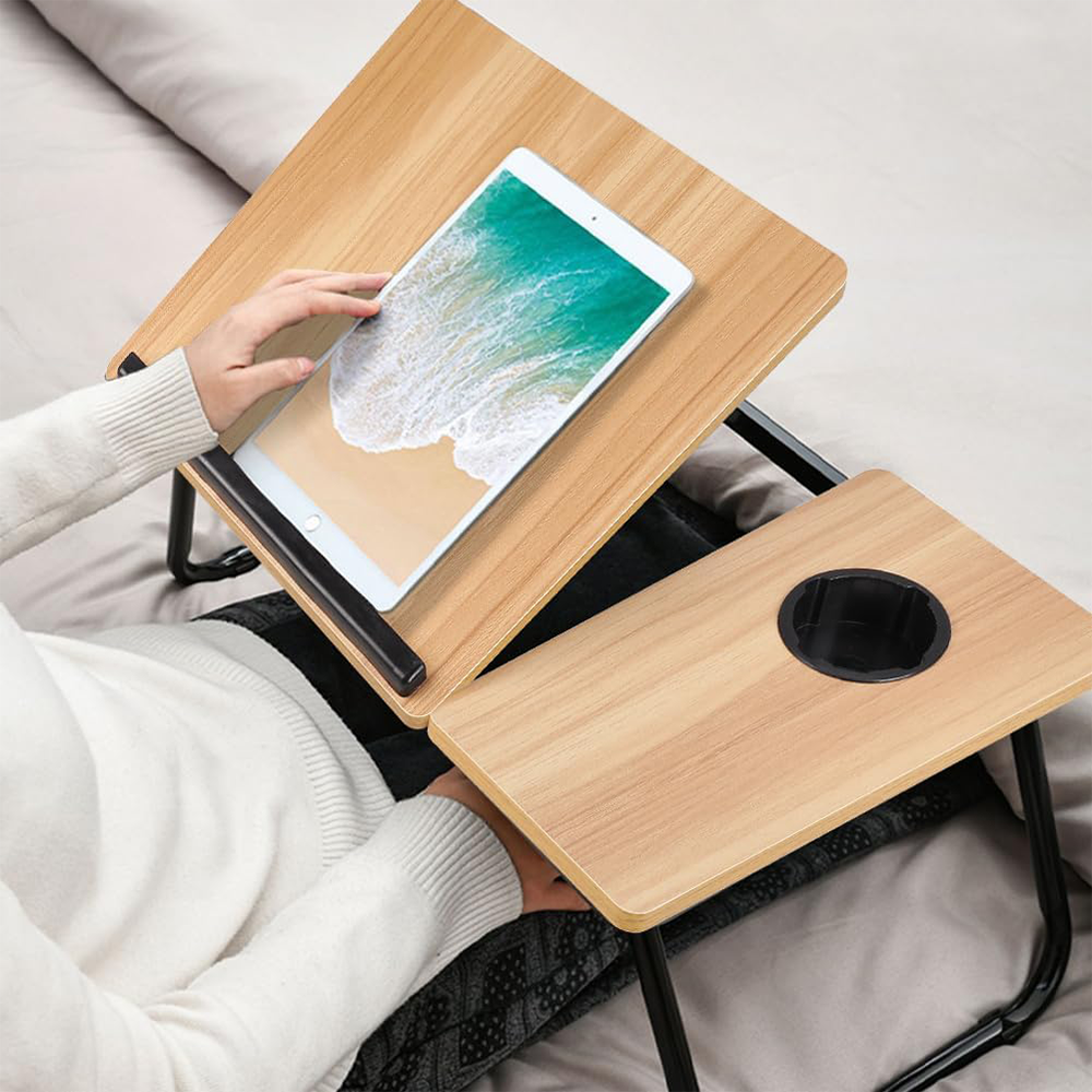 Verstelbaar Opklapbaar Laptopbureau met Bekerhouder voor Bed en Bank – Draagbare Multifunctionele Bedtafel voor Werken en Studeren