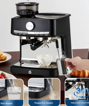 Espressomachine 15 Bar met Bonenmolen en Melkopschuimer