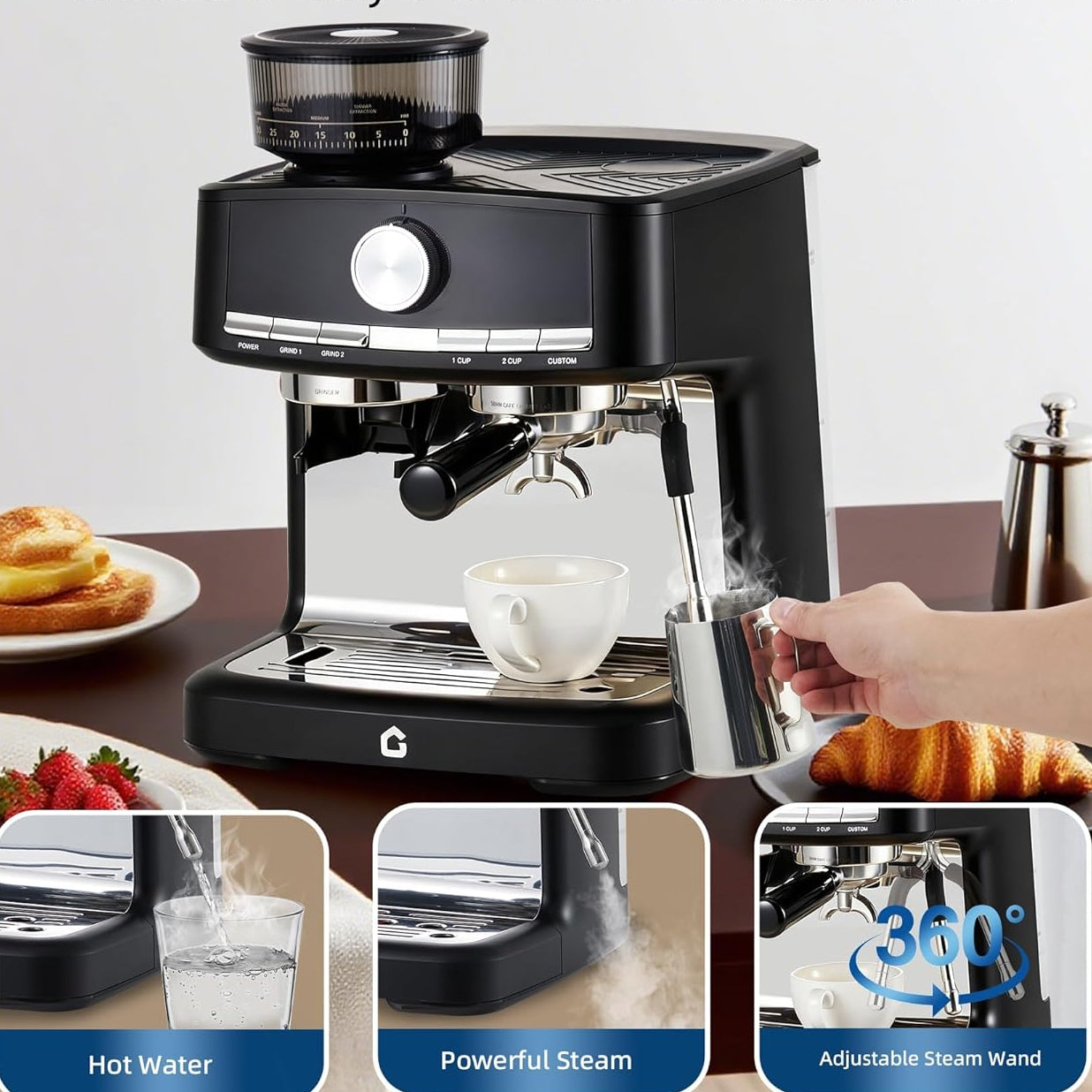 Espressomachine 15 Bar met Bonenmolen en Melkopschuimer