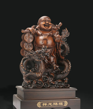 Lachende Boeddha Beeld met Draak en Schildpad – Decoratieve Hars Sculptuur voor Interieur