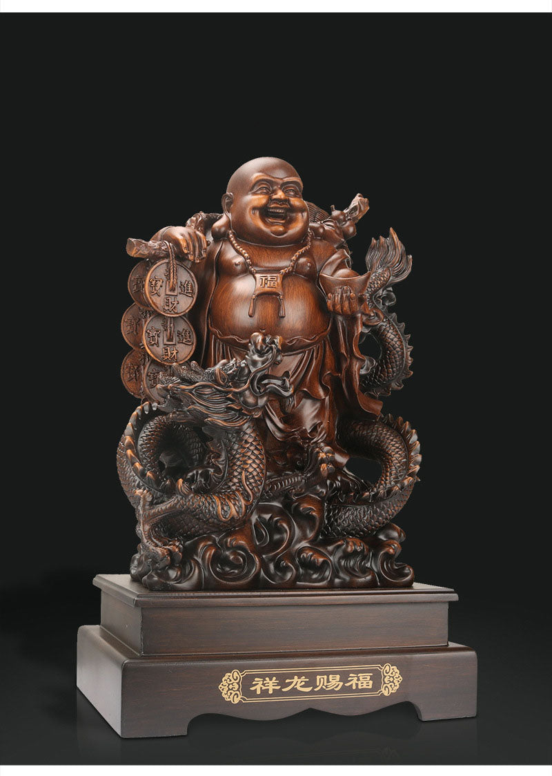 Lachende Boeddha Beeld met Draak en Schildpad – Decoratieve Hars Sculptuur voor Interieur