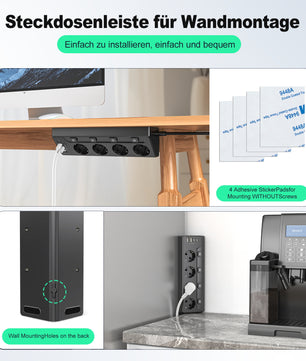 Hoek Stekkerdoos met 4 Stopcontacten en USB-A &amp; USB-C – 2 m Verlengsnoer met Schakelaars voor Thuis en Kantoor