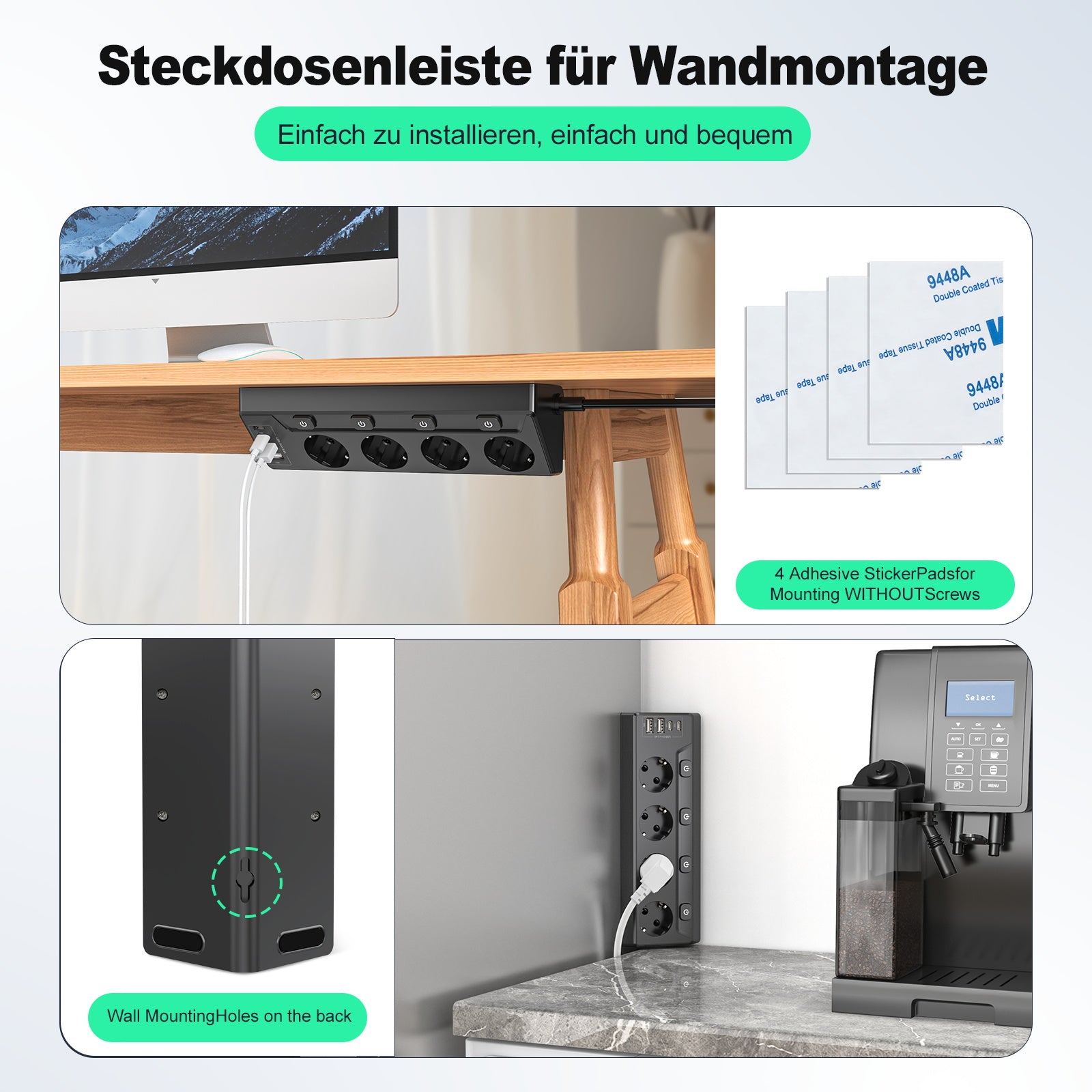 Hoek Stekkerdoos met 4 Stopcontacten en USB-A &amp; USB-C – 2 m Verlengsnoer met Schakelaars voor Thuis en Kantoor