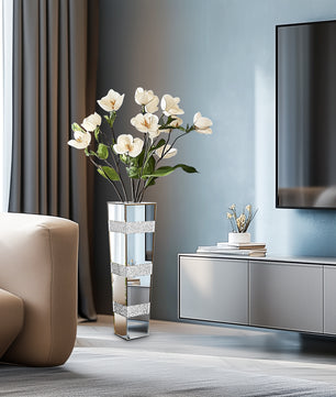 Hoge Vloerspiegelvaas met Verpletterde Diamanten – Luxe Glazen Kristal Vaas voor Woondecoratie en Evenementen