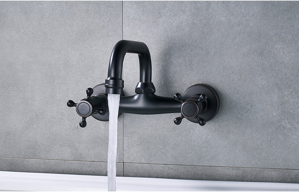 Antiek Messing Wastafelkraan Wandmontage – Mengkraan Warm en Koud met 360° Uitloop