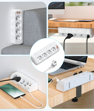 Stekkerdoos met Individuele Schakelaars en USB-A enamp; USB-C – 4 Stopcontacten met 2 m Verlengsnoer voor Bureau en Thuis