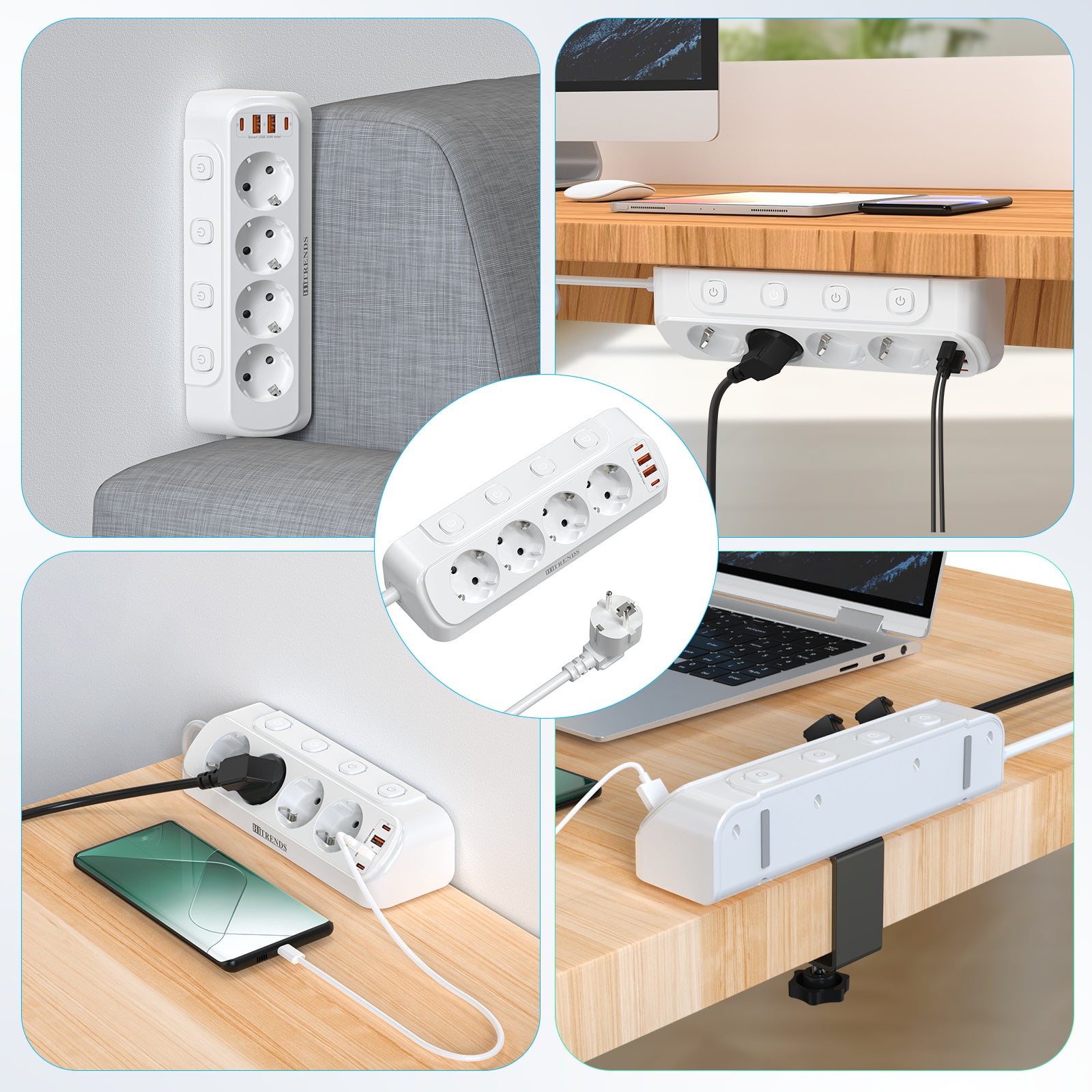 Stekkerdoos met Individuele Schakelaars en USB-A enamp; USB-C – 4 Stopcontacten met 2 m Verlengsnoer voor Bureau en Thuis