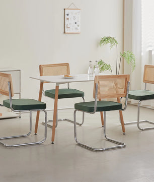 Set van 2 Retro Eetkamerstoelen – Rotan Look – Comfortabele Fluwelen Zitting – Stevig Metalen Frame – Boog Rugleuning – Natuurlijke Kleur