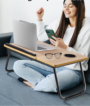 Verstelbaar Opklapbaar Laptopbureau met Bekerhouder voor Bed en Bank – Draagbare Multifunctionele Bedtafel voor Werken en Studeren
