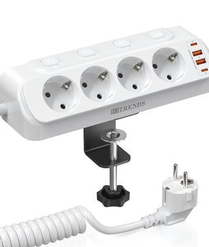 Stekkerdoos met Individuele Schakelaars en USB-A enamp; USB-C – 4 Stopcontacten met 2 m Verlengsnoer voor Bureau en Thuis