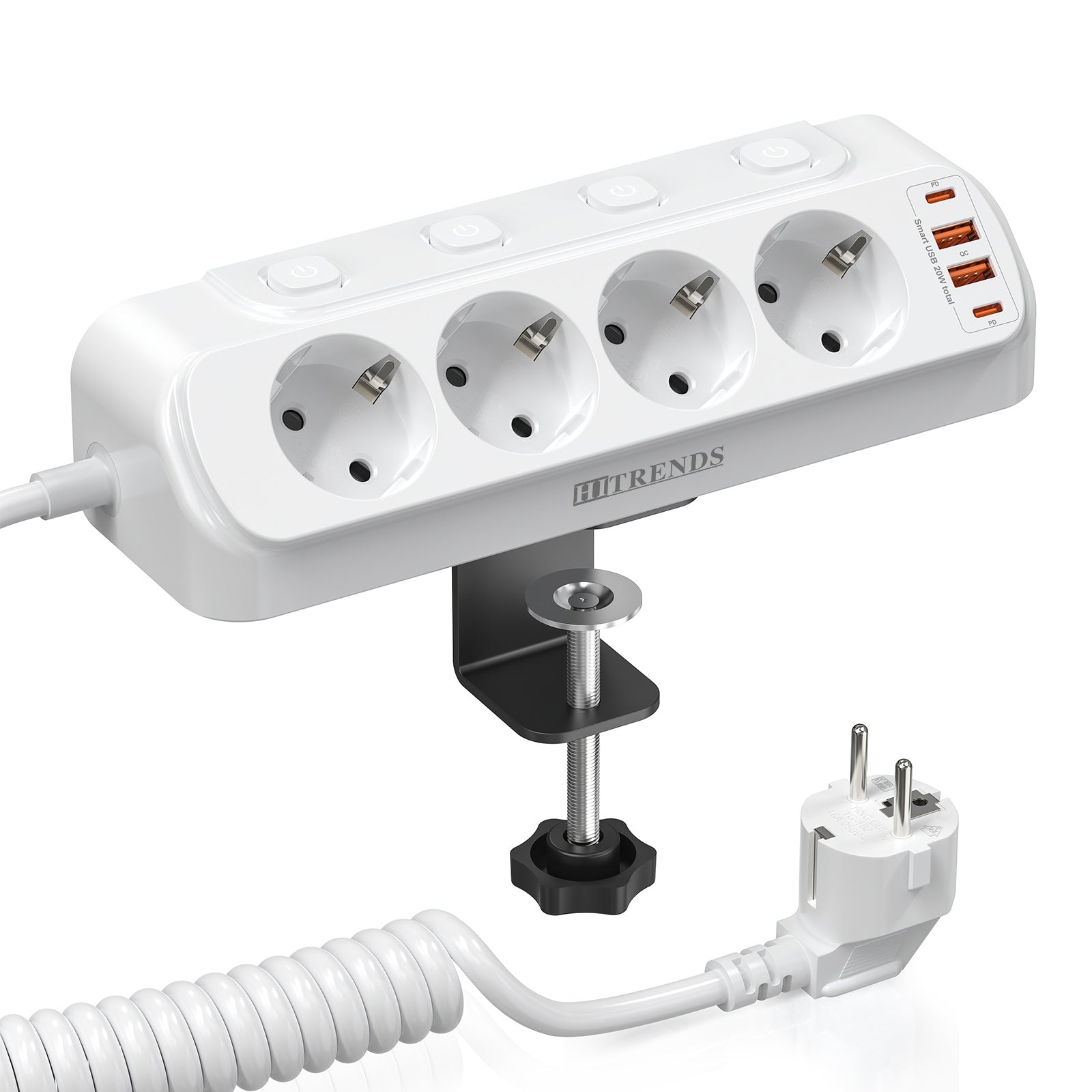 Stekkerdoos met Individuele Schakelaars en USB-A enamp; USB-C – 4 Stopcontacten met 2 m Verlengsnoer voor Bureau en Thuis