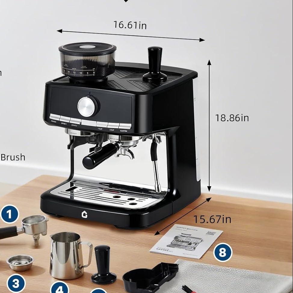 Espressomachine 15 Bar met Bonenmolen en Melkopschuimer