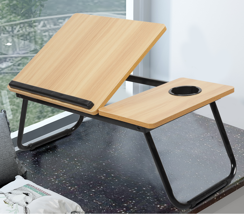 Verstelbaar Opklapbaar Laptopbureau met Bekerhouder voor Bed en Bank – Draagbare Multifunctionele Bedtafel voor Werken en Studeren