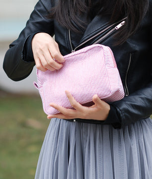 Seersucker Make-up Tas met Ruches – Gestreepte Cosmetische Reistas met Rits