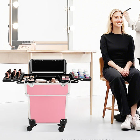 Professionele Rollende Make-up Reiskoffer – Cosmetische Trolley met Wielen en Sleutels, Grote Capaciteit