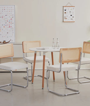 Set van 2 Retro Eetkamerstoelen – Rotan Look – Comfortabele Fluwelen Zitting – Stevig Metalen Frame – Boog Rugleuning – Natuurlijke Kleur