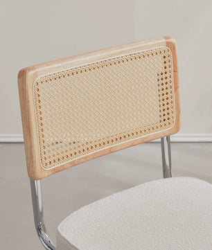 Set van 2 Retro Eetkamerstoelen – Rotan Look – Comfortabele Fluwelen Zitting – Stevig Metalen Frame – Boog Rugleuning – Natuurlijke Kleur