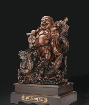 Lachende Boeddha Beeld met Draak en Schildpad – Decoratieve Hars Sculptuur voor Interieur