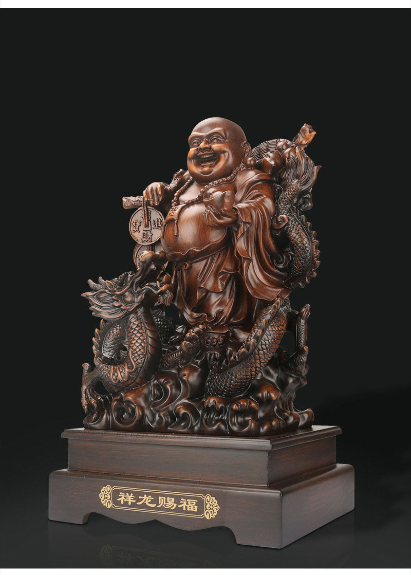 Lachende Boeddha Beeld met Draak en Schildpad – Decoratieve Hars Sculptuur voor Interieur