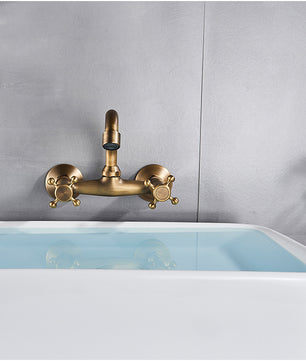 Antiek Messing Wastafelkraan Wandmontage – Mengkraan Warm en Koud met 360° Uitloop