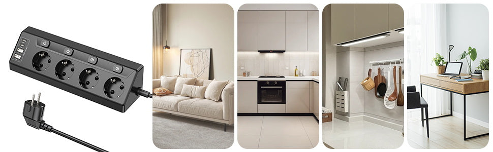 Hoek Stekkerdoos met 4 Stopcontacten en USB-A &amp; USB-C – 2 m Verlengsnoer met Schakelaars voor Thuis en Kantoor